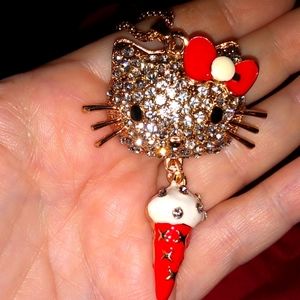 White Crystal Hello Kitty Face with Ice Cream Cone Pendant Necklace